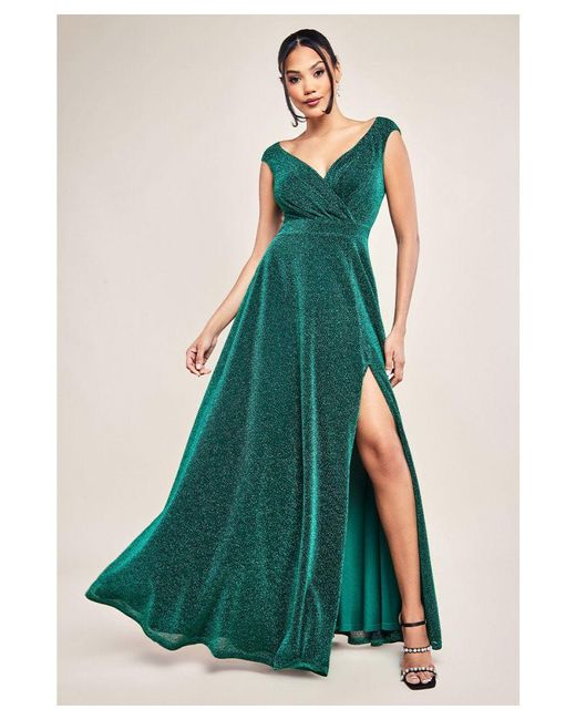 Goddiva Green Crossover Lurex Glitter Maxi Dress