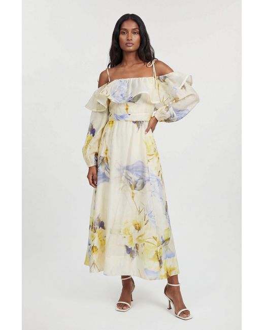 Karen Millen Natural Floral Off The Shoulder Shirred Woven Maxi Dress Lyocell