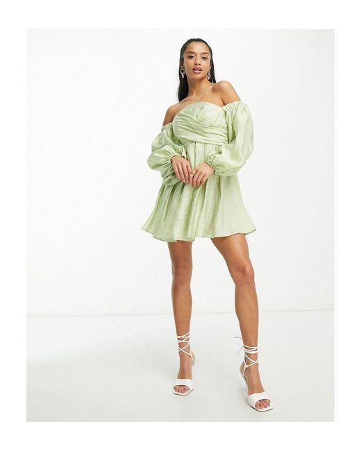 ASOS Green Design Washed Off Shoulder Balloon Slv Mini Dress With Wrap Corset Detail