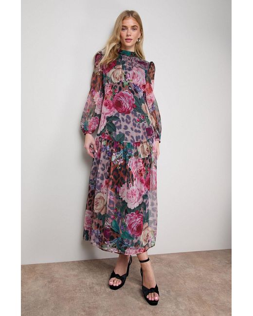 Oasis Pink Printed Dropped Curved Waist Long Sleeve Maxi Dress
