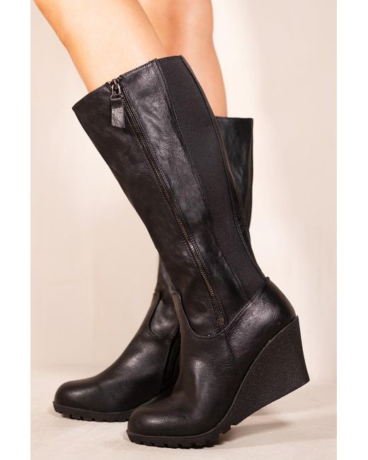 Where's That From Black 'Lara' Wedge Heel Mid Calf High Boots With Side Zip