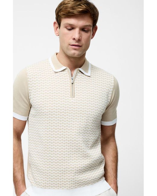 French Connection White Cotton Diamond-Style 1/4 Zip Trophy Knit Polo for men
