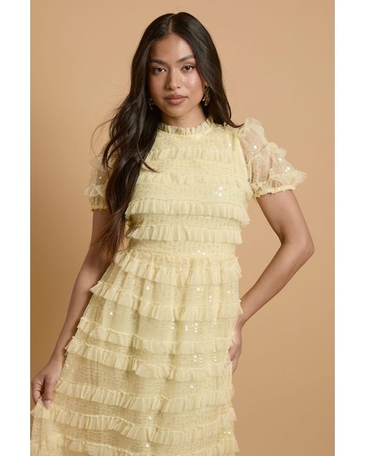 Oasis Natural Petite Tiered Mesh Sequin Occasion Maxi Dress
