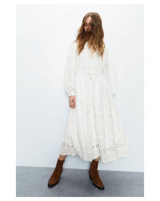 Warehouse White Broderie Drawstring Waist Midi Dress