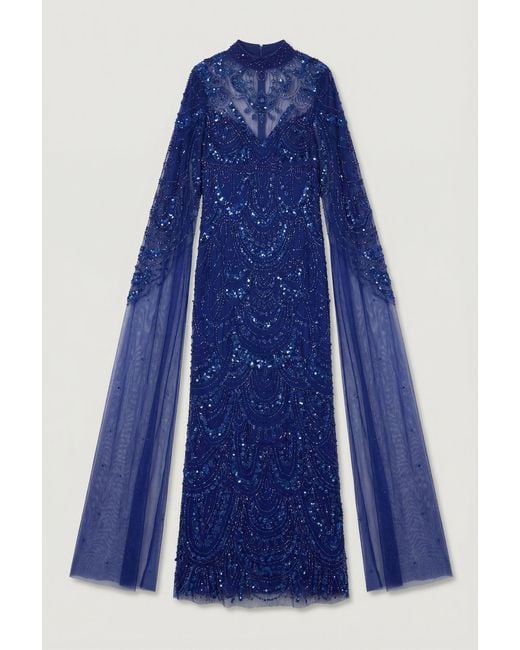 Karen Millen Blue Premium Beaded Embellished Woven Midaxi Cape Dress