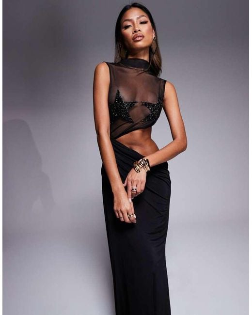 ASOS Black Sheer Embellished Star Bust Detail Maxi Dress With Draped Skirt