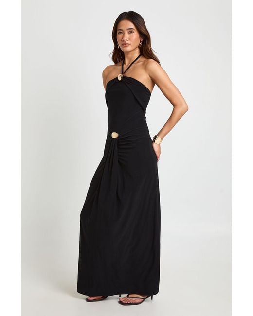 Boohoo Black Slinky Trim Halterneck Ruched Front Maxi Dress