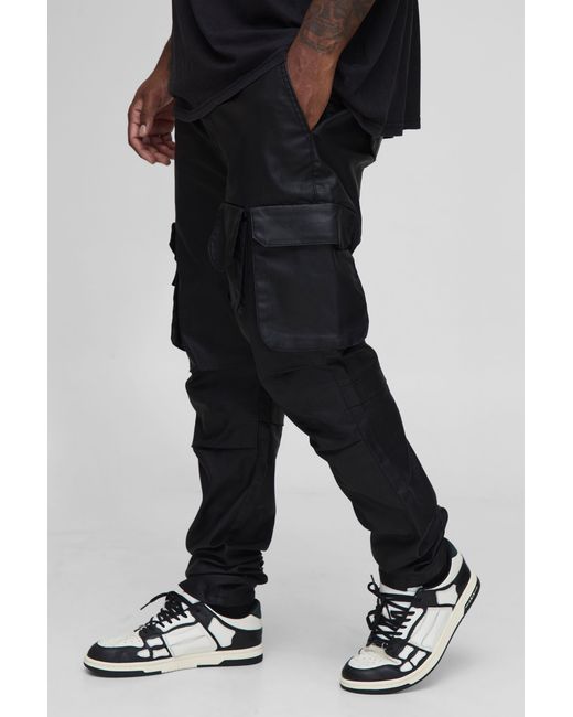 BoohooMAN Black Plus Leather Look Skinny Extreme Cargo Pocket Pants for men