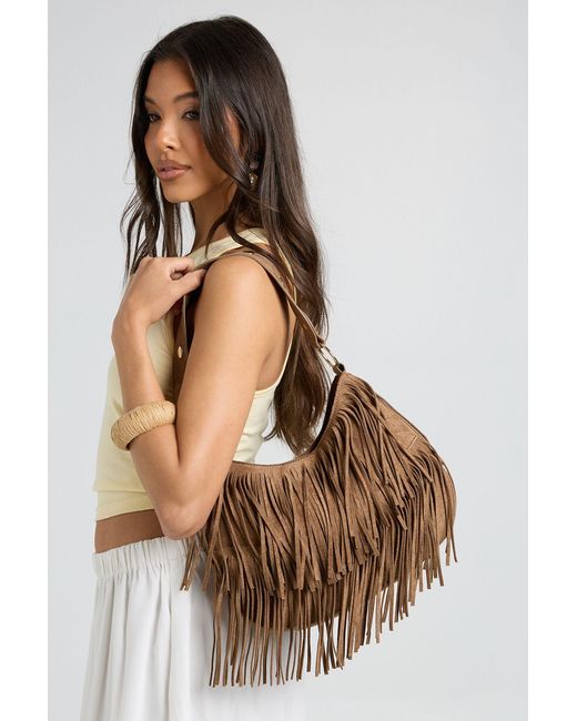Boohoo Brown Faux Suede Tassel Detail Shoulder Bag
