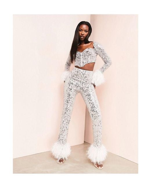 ASOS Natural Co-ord Faux Feather Trim Sequin Trouser