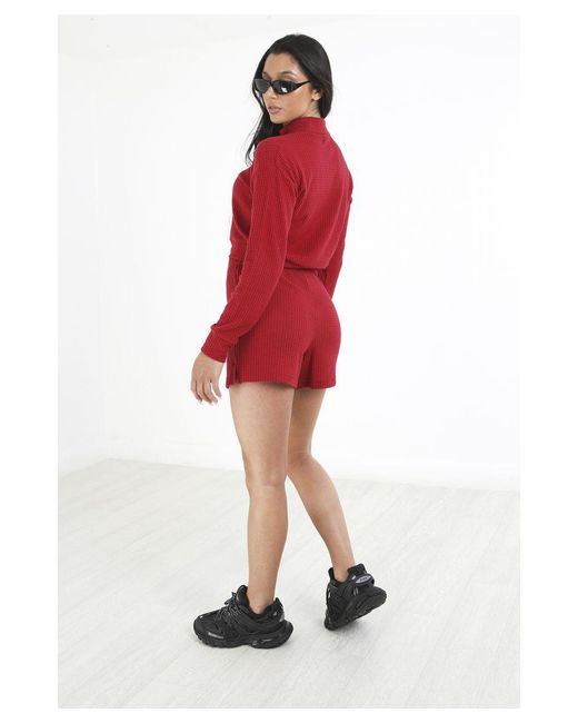 Brave Soul Red 'Wanda' Waffle 1/4 Zip & Short Lounge Set