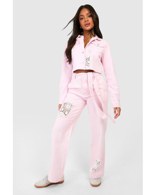 Boohoo Pink Crochet Mix Belted Wide Leg Jeans