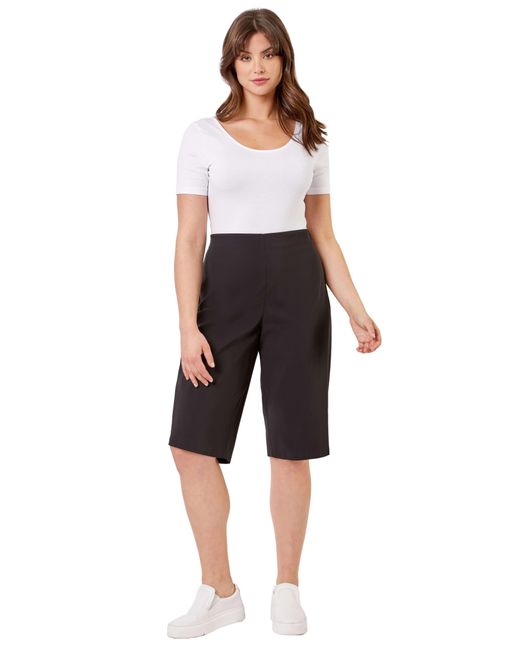 Roman Curve Black Knee Length Elastic Waist Stretch Shorts