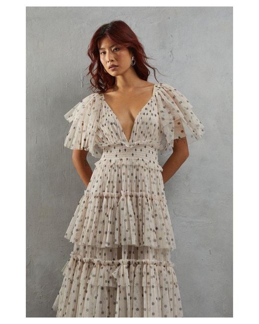Warehouse Gray Tulle Spot Plunge Neck Flutter Sleeve Tier Maxi Dress