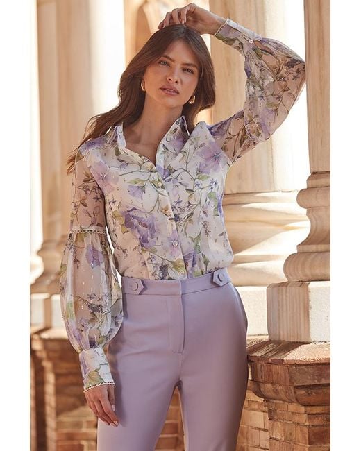 Sosandar Purple Petite Floral Print Sheer Sleeve Shirt