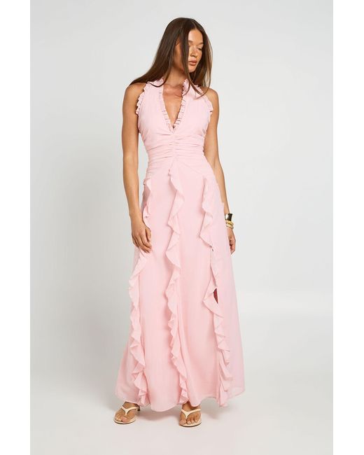 Boohoo Pink Chiffon Ruffle Detail Halterneck Maxi Dress
