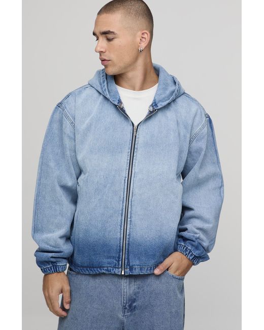 BoohooMAN Blue Extreme Bleach Washed Boxy Denim Hoodie for men