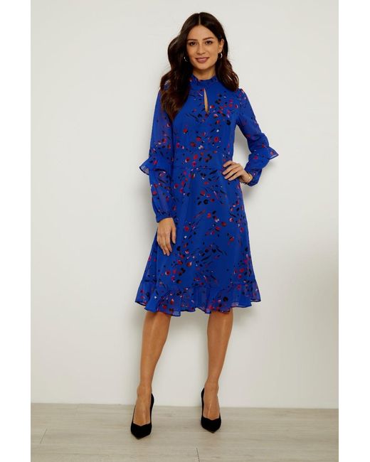 Sosandar Blue Abstract Floral Print Fit & Flare Ruffle Dress