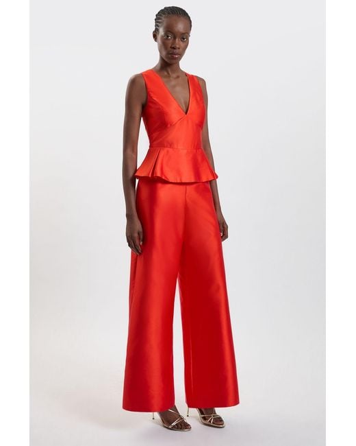 Karen Millen Red Satin Twill Peplum Wide Leg Jumpsuit