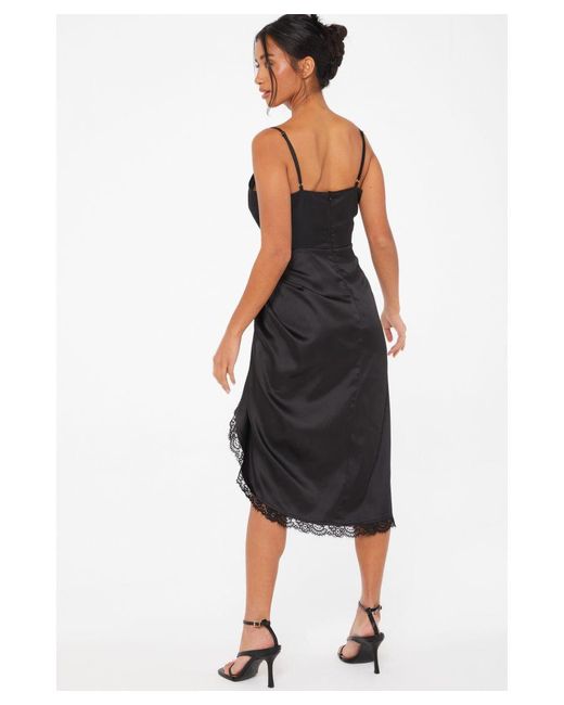 Quiz Black Petite Satin Lace Trim Midi Dress