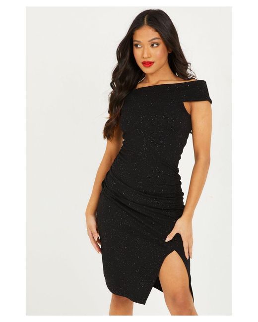 Quiz black glitter bardot dress online