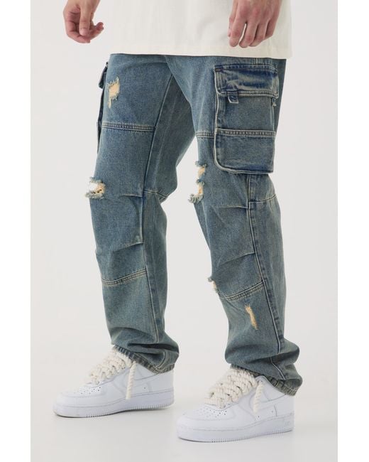 BoohooMAN Blue Tall Distressed Cargo Relaxed Fit Jeans for men