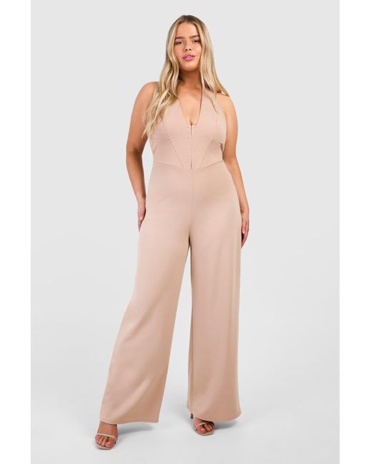 Boohoo Natural Plus Scuba Crepe Corset Hook & Eye Detail Halter Neck Wide Leg Jumpsuit