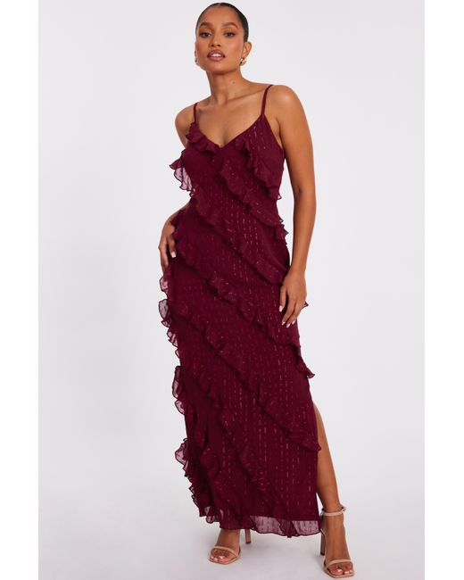 Quiz Red Petite Burgundy Chiffon Ruffle Midaxi Dress