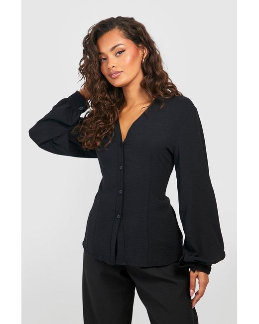 Boohoo Black Hammered Volume Sleeve Fitted Blouse