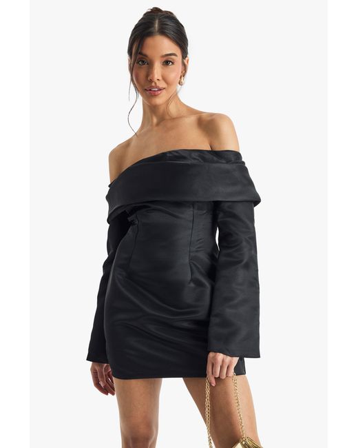 Boohoo Black Satin Structured Bardot Mini Dress