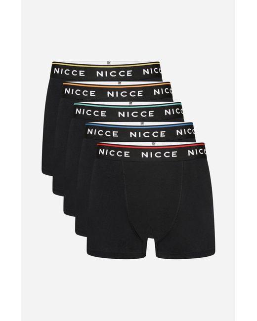 Nicce London Black 5-Pack Cotton Rich Boxer Briefs With Logo Waistband And Subtle Coloured Trim for men