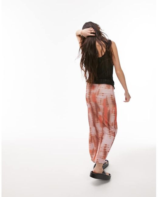 TOPSHOP Red Mesh Tie Dye Picot Trim Midi Skirt