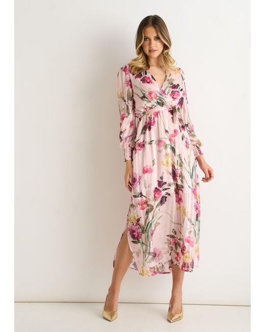 Gini London Pink Floral Print Sparkle Chiffon Wrap Midi Dress