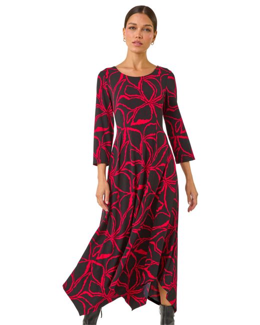 Roman Red Leaf Print Hanky Hem Stretch Midi Dress