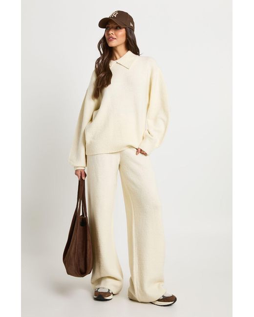 Boohoo Natural Super Soft Crew Neck Knitted Chunky Cardigan And Wide Leg Trouser Co-Ord