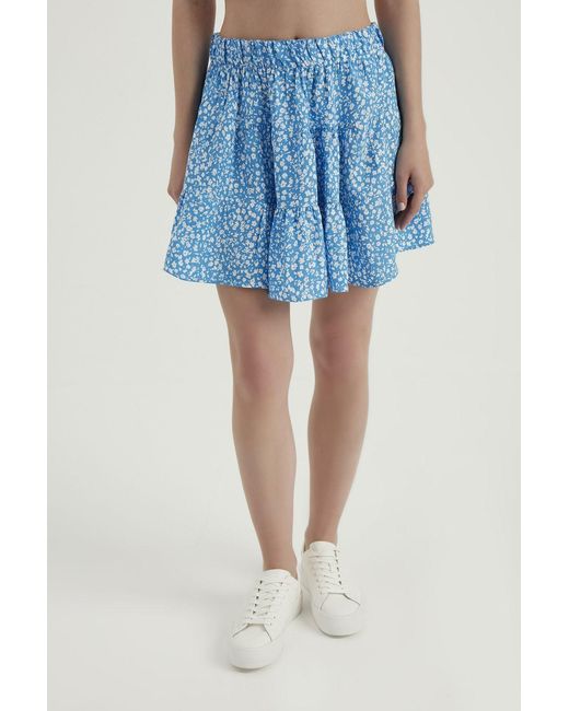 Hiccup Blue Floral High Waist Elastic Tiered Mini Skirt