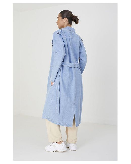 Brave Soul Blue Denim Double-Breasted Longline Trench Coat With Raglan Sleeves