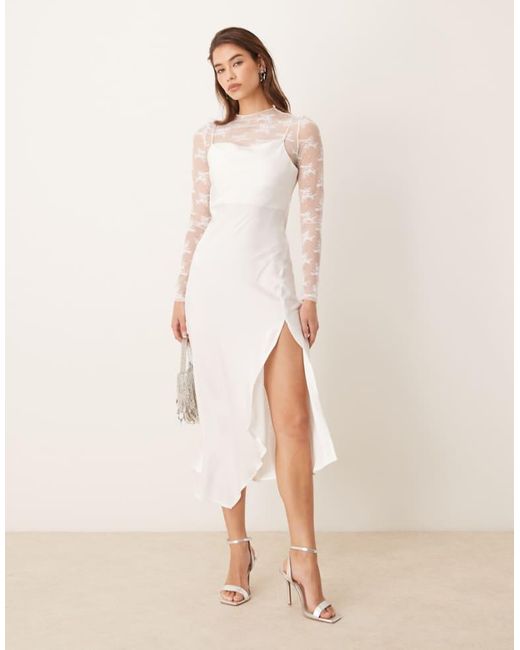 Y.A.S Natural Long Sleeve Lace Underlay Cami Satin Dress