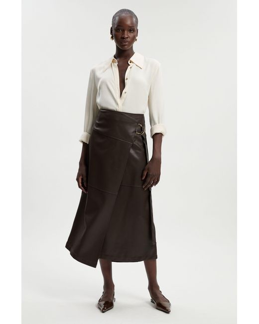 Karen Millen White Faux Leather Tie Detail Wrap Midi Skirt