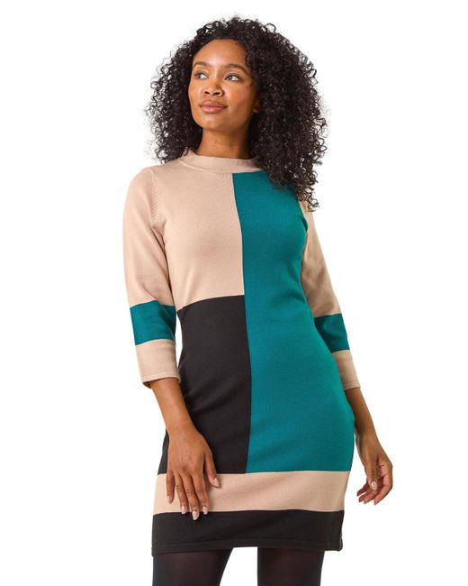 Roman Blue Petite Colour Block Knitted Dress
