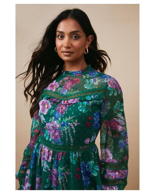 Oasis Blue Occasion Floral Glitter Lace Trim Midi Dress