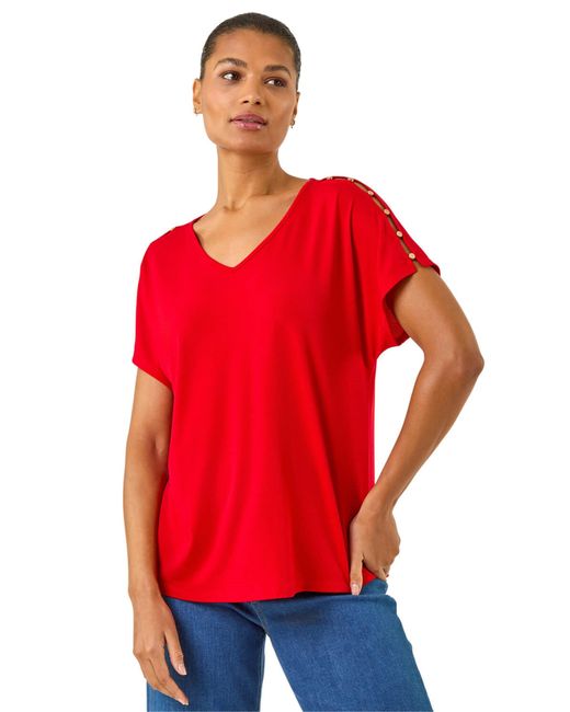 Roman Red Cold Shoulder Button Top