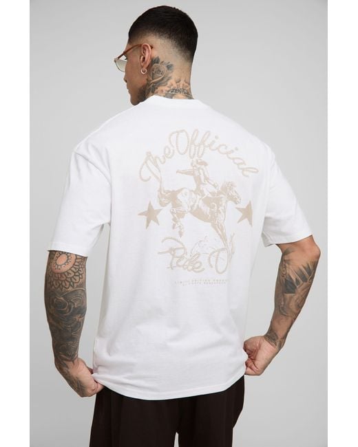BoohooMAN White Tall Oversized Extended Neck Western Print T-Shirt for men