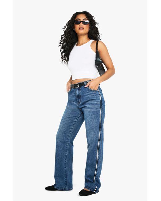 Boohoo Blue Side Stripe Detail Straight Leg Denim Jeans
