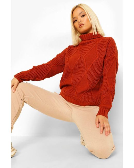 Boohoo Red Petite Diamond Knit Roll Neck Jumper
