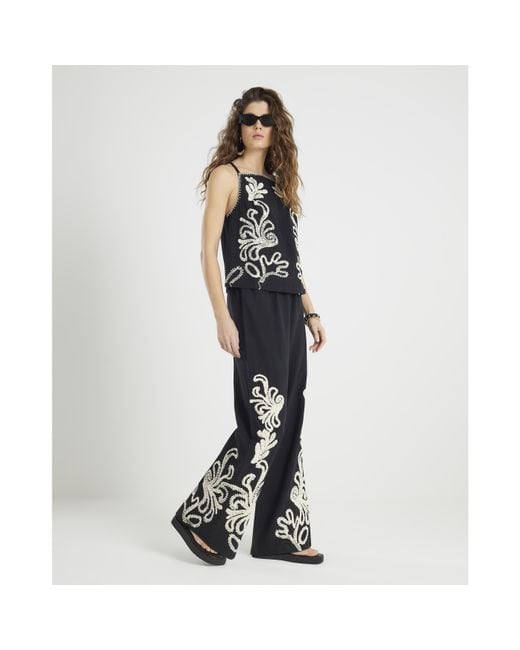 River Island Black Wide Leg Trousers Embroidered Cotton