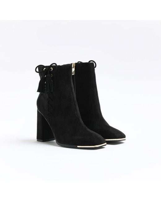River Island Black Heeled Boots Suedette Lace Up Detail