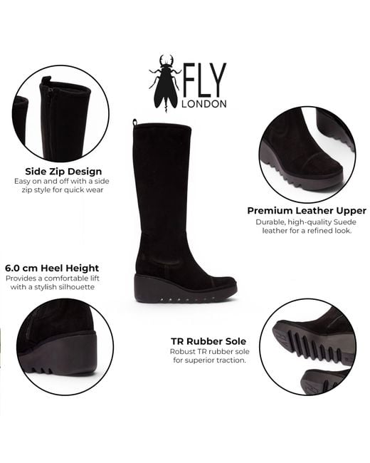 Fly London Black Suede Leather High Wedge Heel Long Boots