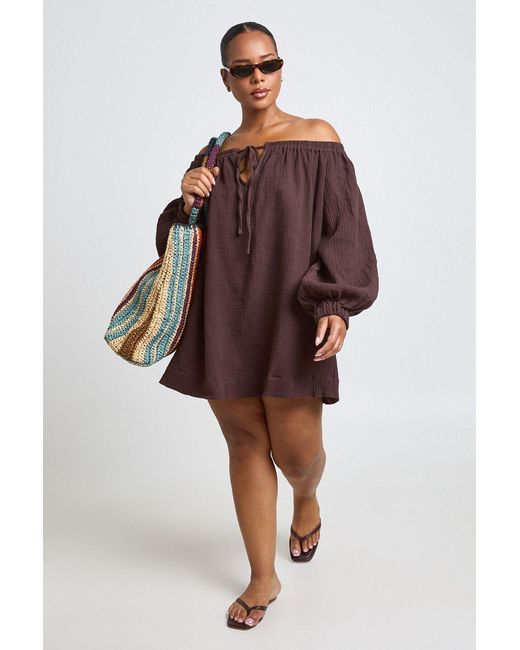 Boohoo Brown Plus Bardot Volume Sleeve Beach Dress