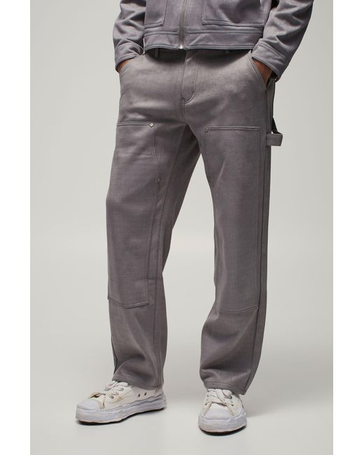 BoohooMAN Gray Relaxed Croc Suede Carpenter Trousers for men